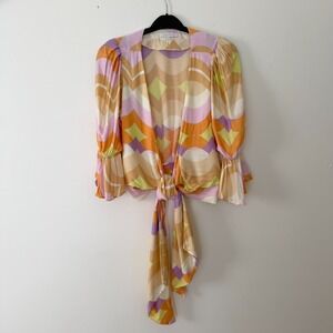 Olivaceous Women's Cropped Bell Sleeve Boho Chic Multicolor S  Blouse Tie Front